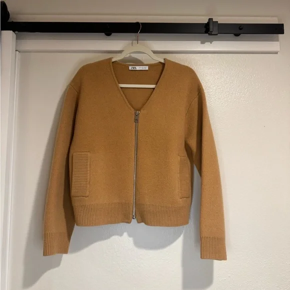 Zara Zippered Wool Bomber | Taupe Brown | Size S - Picture 3 of 5